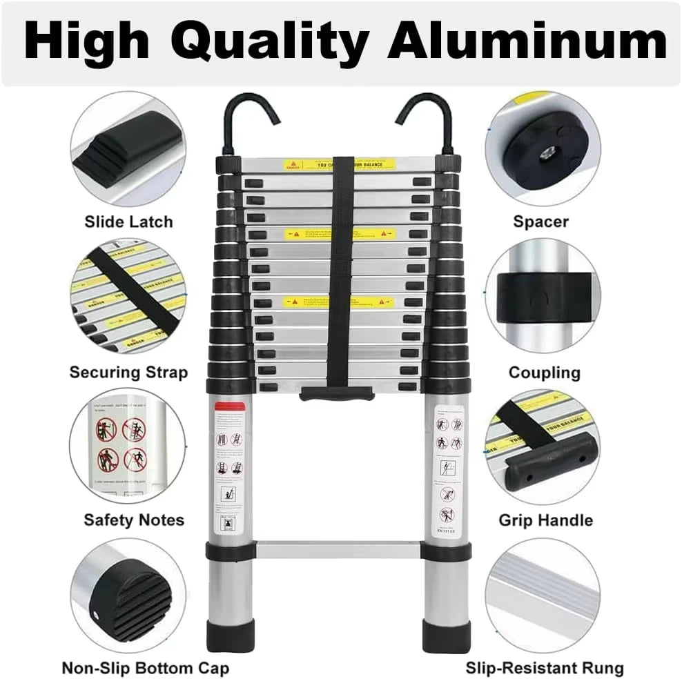Telescoopladder - Ladder - Trap - Telescopische Ladder - 6.2m – 20.3FT – Verwijderbare Haken – Opvouwbaar & Antislip Voeten – Geschikt voor Loft, Dak & Bouwprojecten - QUORE