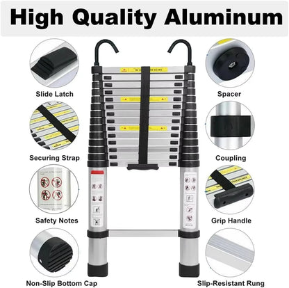 Telescoopladder - Ladder - Trap - Telescopische Ladder - 6.2m – 20.3FT – Verwijderbare Haken – Opvouwbaar & Antislip Voeten – Geschikt voor Loft, Dak & Bouwprojecten - QUORE