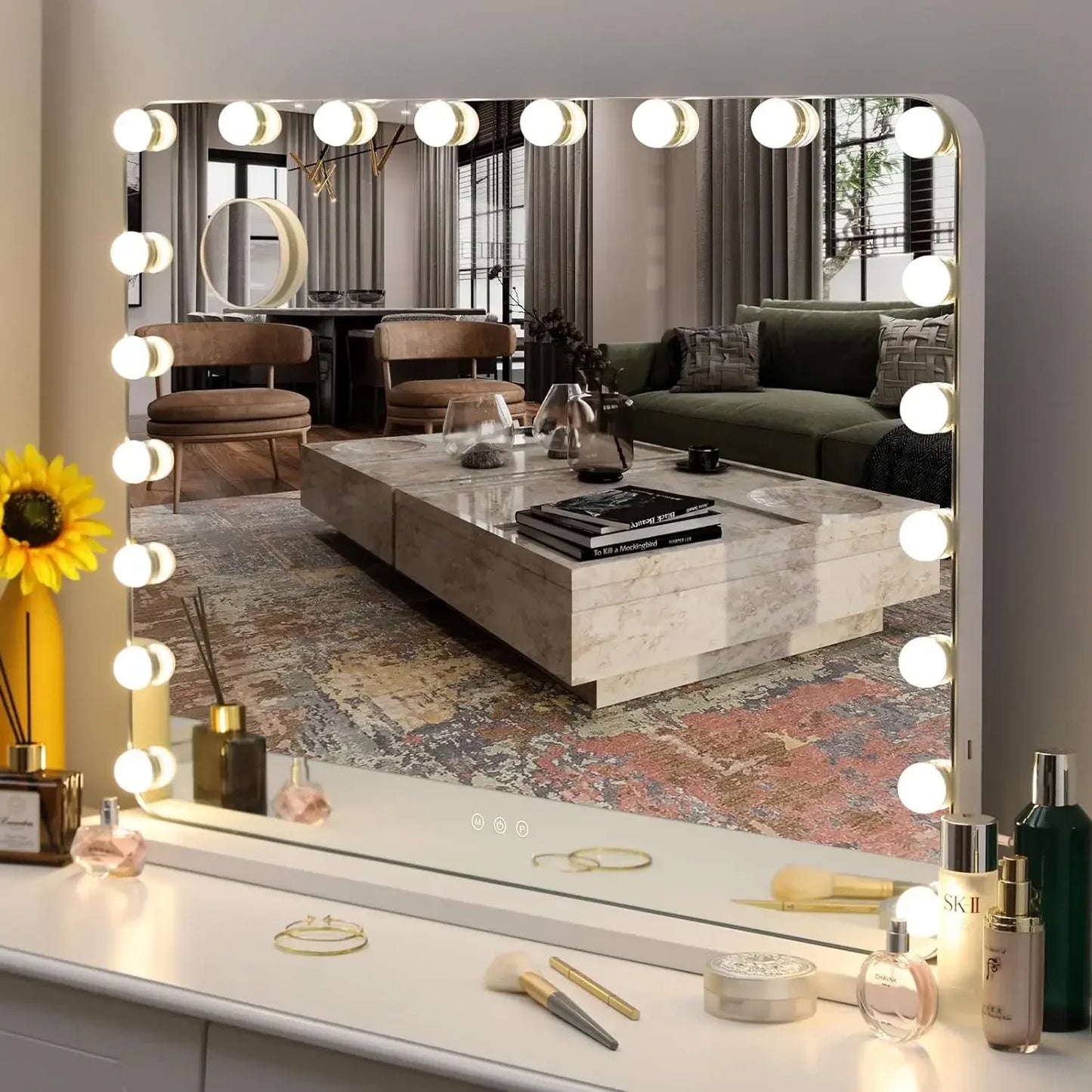 Hollywood Make-Up Spiegel – Make-Up Spiegel Met LED – Verlichte Spiegel – Groot Make-Up Spiegel – Kosmetikspiegel – 80x60 cm – 20 Dimbare LED-Lampjes - Wit - QUORE