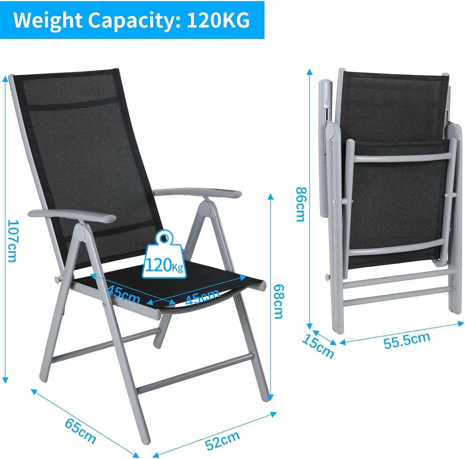 Tuinstoelen - Strandstoel - Klapstoel – Vouwstoel voor op Terras/Tuin/Camping –  Draagvermogen van 120 kg - Tuinset – Campingstoel – Tuinstoel – Verstelbaar en Opklapbaar – Grijs – Set van 2 - QUORE
