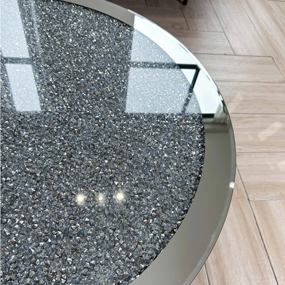Spiegelende Salontafel – Ronde Tafel – Modern Meubel – Kristallen Inleg – MDF En Glas – Diameter 80 cm – Draagvermogen 50 kg