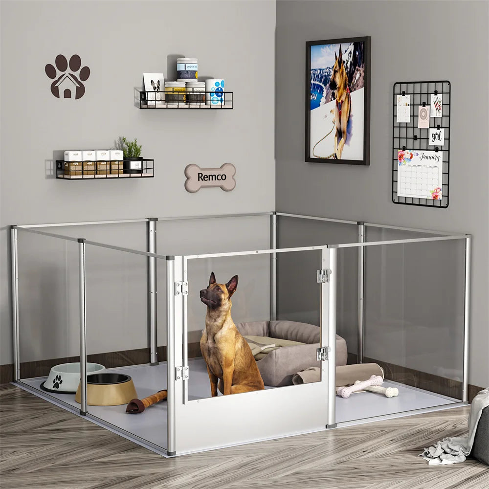 Hondenbox – Puppybench – Hondenren – Whelpbox – Huisdierenbox – Sterk Acryl – Waterdicht Kussen - 132 x 132 x 80.5 cm - 8 Panelen - Zilver