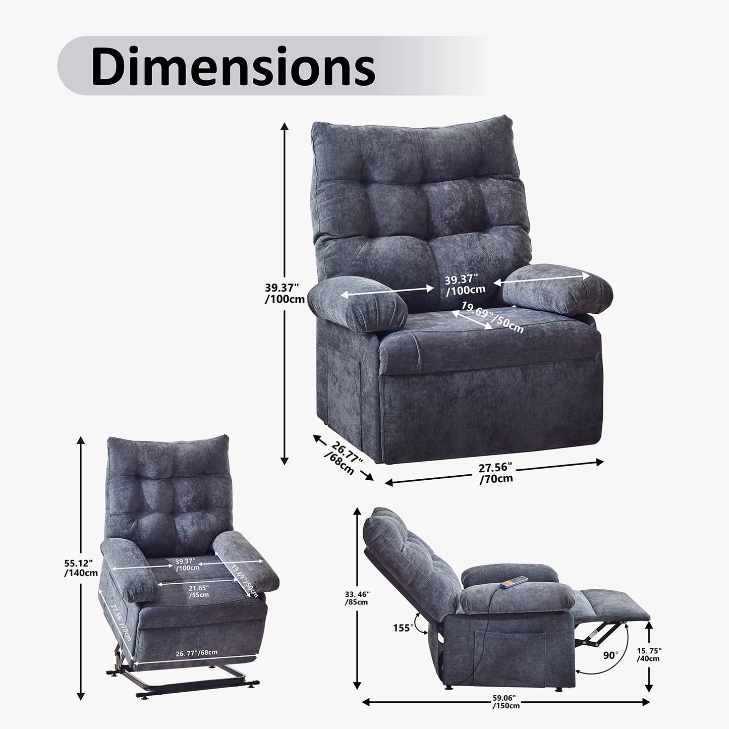Elektrische Liftfauteuil – Liftstoel – Relaxstoel – Verstelbare Fauteuil – Comfortabele Stoel – Zacht Gewatteerd Kussen – Stil Liftmechanisme - 70 x 68 x 24 cm - Grijs