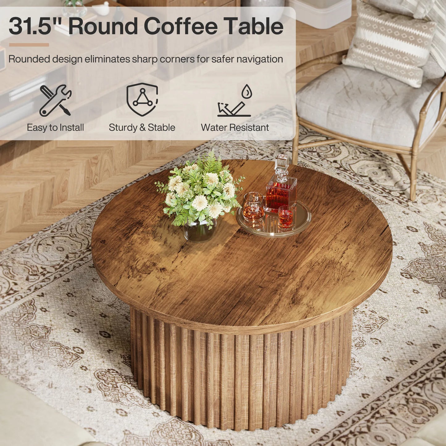 Ronde Salontafel – Bijzettafel – Koffietafel – Woonkamertafel – Houten Tafel – Warm Houtfineer – 80 cm Diameter – Geprofileerde Trommelvoet