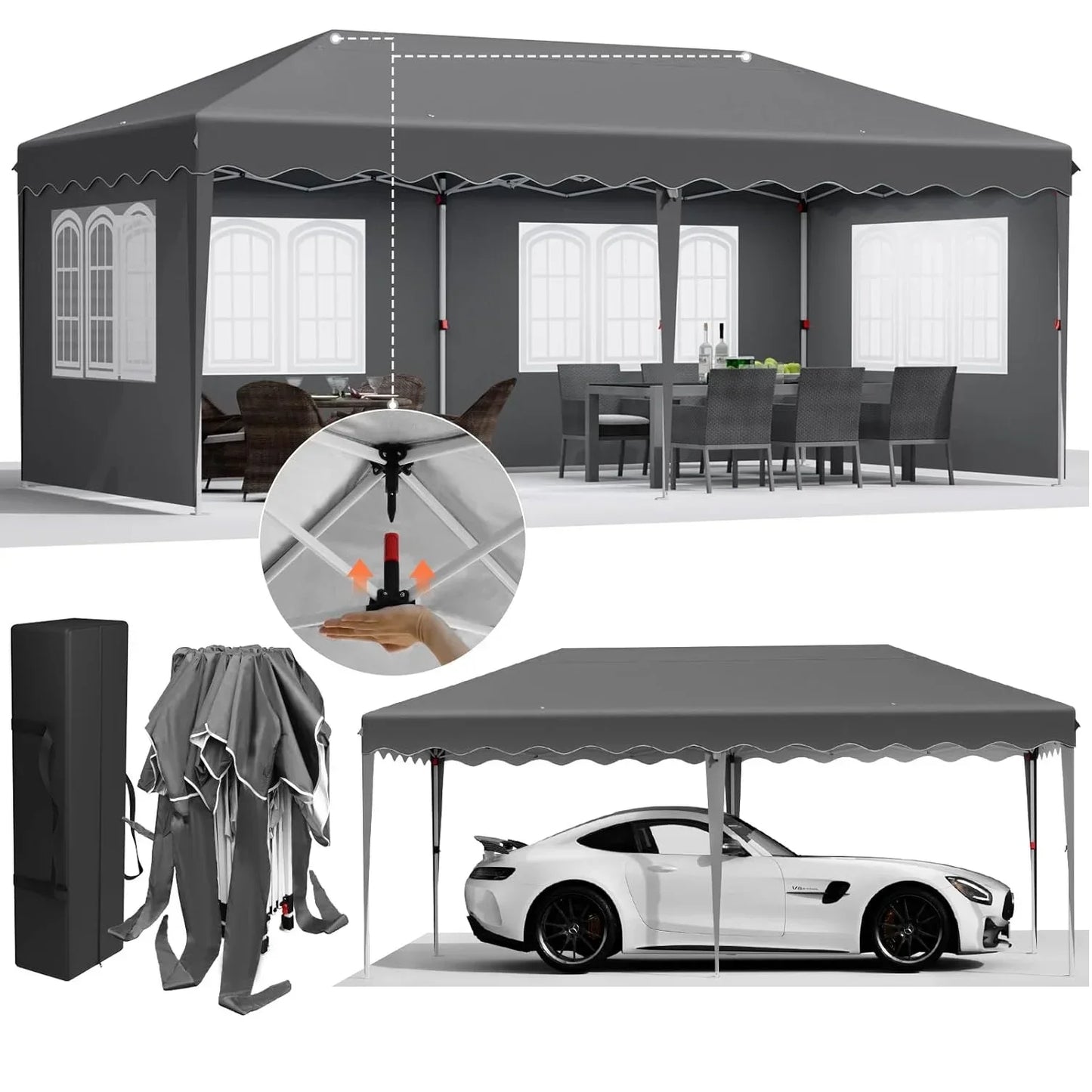 Tuinpaviljoen - Partytent - Partytenten - Paviljoen - Easy up Partytent - 3x6m - Waterdicht - Opvouwbare - Inclusief 4 Zijpanelen – Ideaal voor Evenementen, Feesten en Bruiloften – Donkergrijze Afwerking