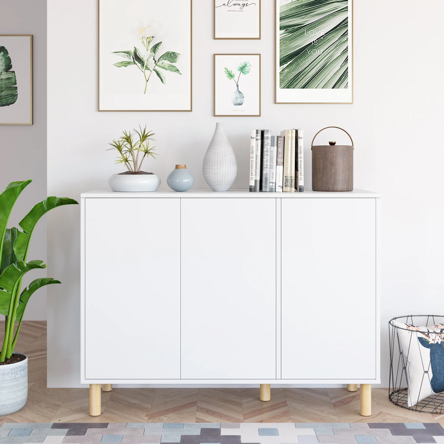 Witte Dressoirkast – Dressoir – Opbergkast – Buffetkast – Kastenmeubel – Met Verstelbare Planken – Handloos Druk-Open Deursysteem – 107x40x80 cm – Houten Poten