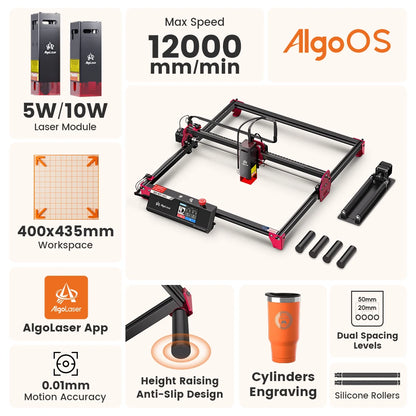 AlgoLaser 10W Laser Engraver with Rotary Roller Riasers Desktop Laser Engraving Machine for Beginners Metal Tumblers Logo Gift - QUORE