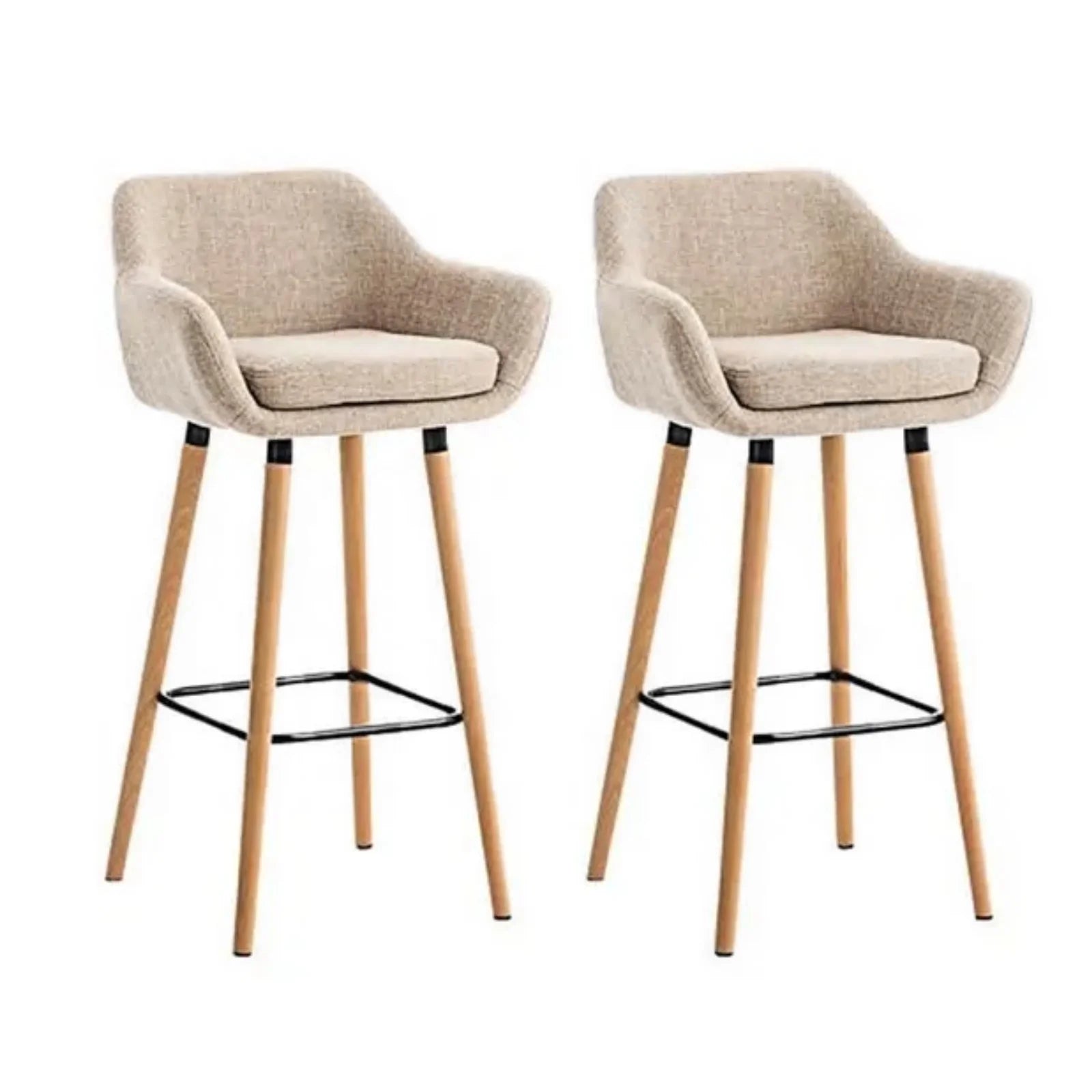 Set of 2 Bar Stools, with Backrest and Footrest, High and Padded Chair, Linen Surface, Solid Wood Legs, in Quilted Fabric - QUORE