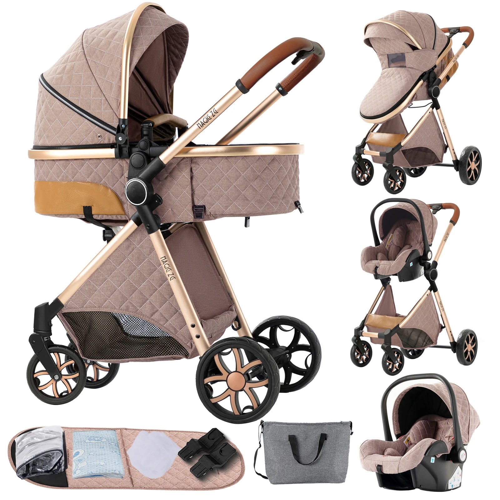 Portable 3 in 1 Baby Stroller with Bassinet and Car Seat Warm Baby Pram High Landscape Infant Pushchair Compact Folding Stroller - QUORE