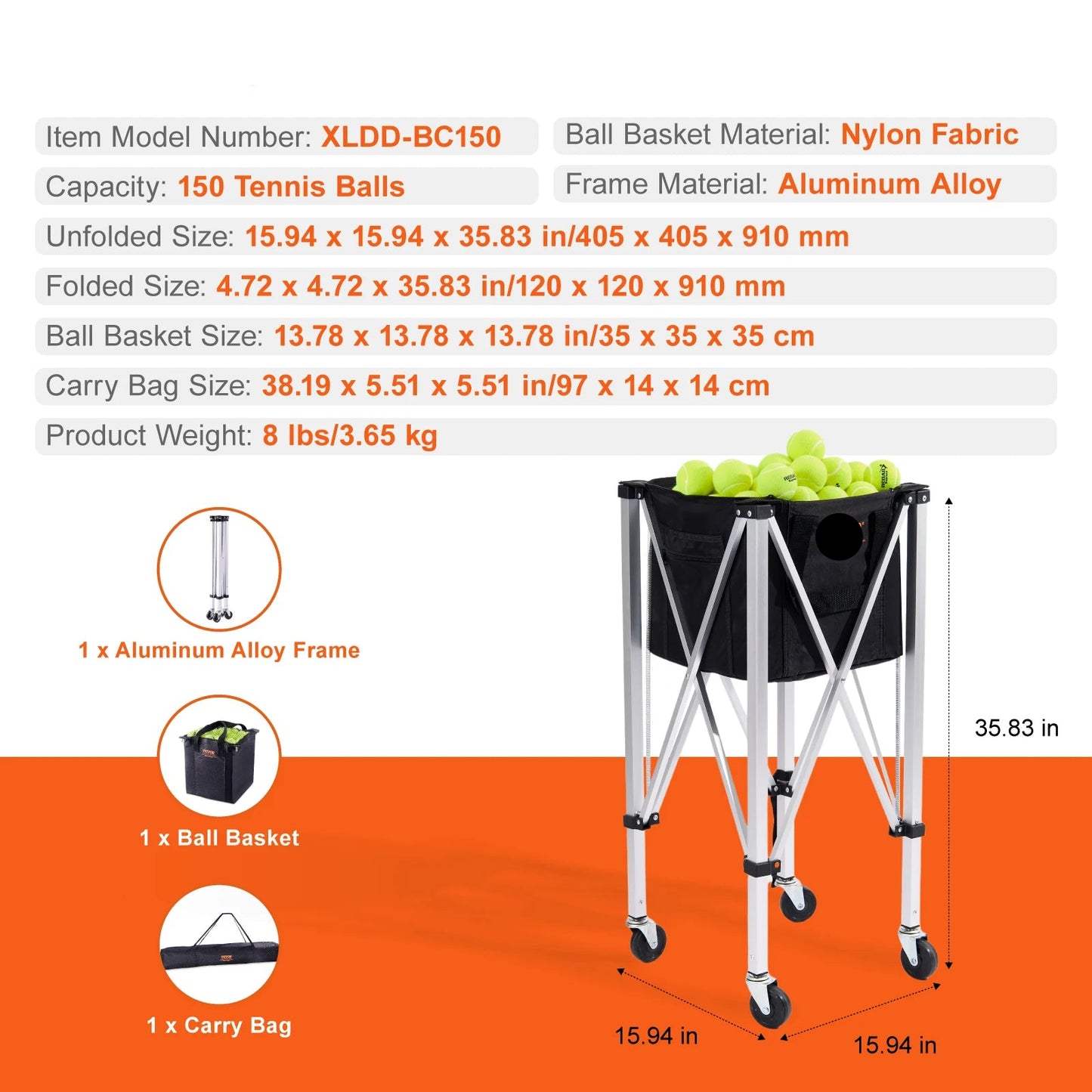 Opvouwbare Tennisbalwagen - Tennisbalkar - Ballenwagen - Ballenkar - met Wielen - en Remmen - 150 Capaciteit - Aluminium Frame - QUORE