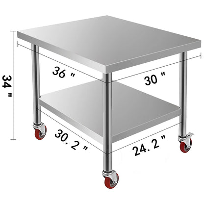 Keukenwerkbank - Keukenwerktafel - Kookeiland - Keukentafel - 36 x 30 inch - Met 4 zwenkwielen & Achterwand Laadt Op - Voor Opbergrek Thuis Dineren - QUORE