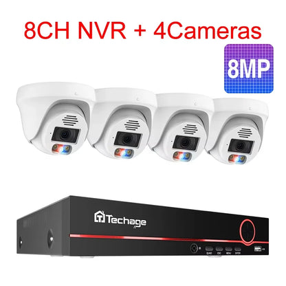 Techage 8MP 4K POE система видеонаблюдения с двухсторонней аудиосвязью и функцией распознавания лиц, комплект видеонаблюдения