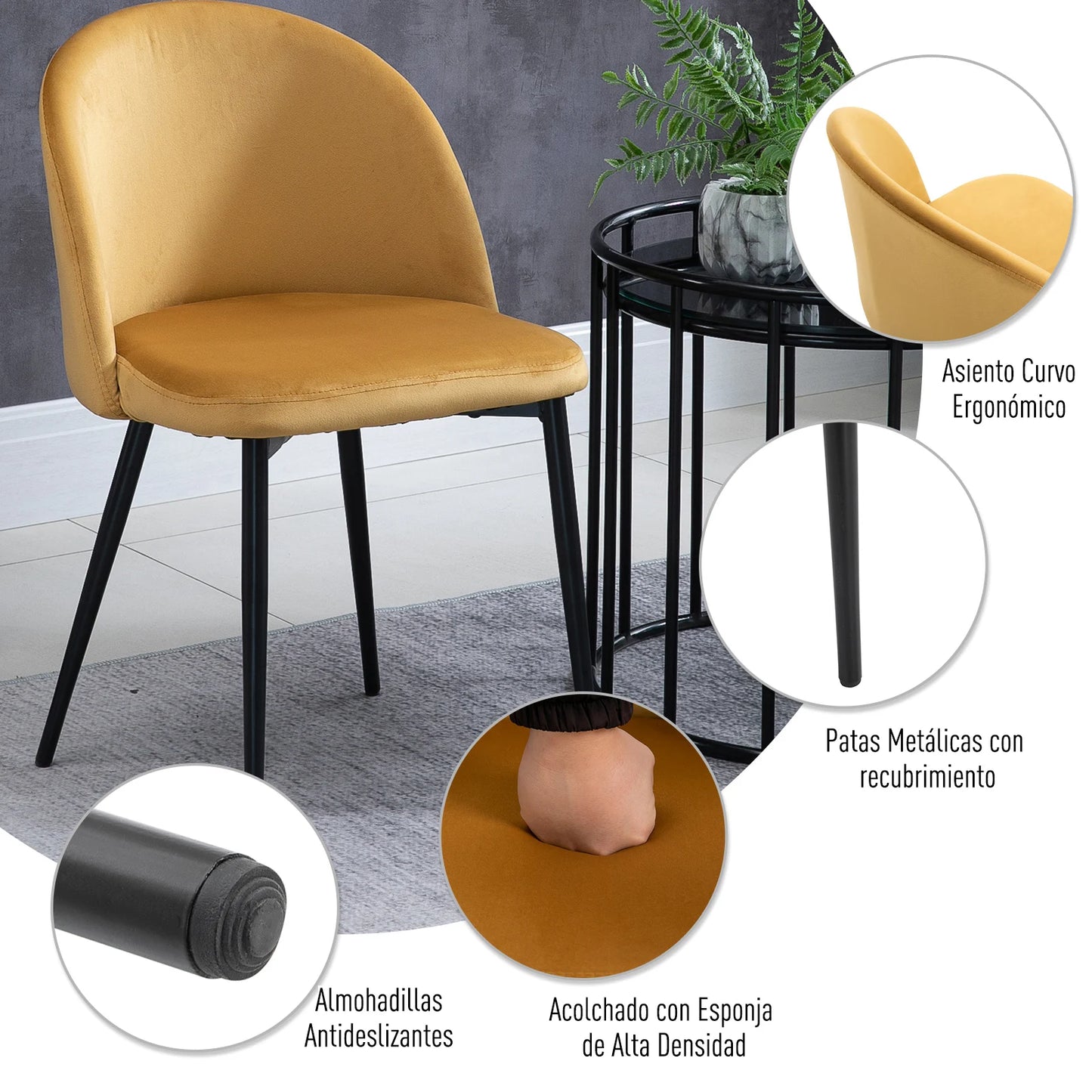 Eetkamerstoelen – Velvet Stoelen – Comfortabele Stoelen – Bistro Stoelen – Metalen Poten – Foamvulling – Compact 49 x 50 x 77 cm - Geel