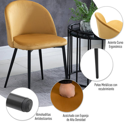 Eetkamerstoelen – Velvet Stoelen – Comfortabele Stoelen – Bistro Stoelen – Metalen Poten – Foamvulling – Compact 49 x 50 x 77 cm - Geel
