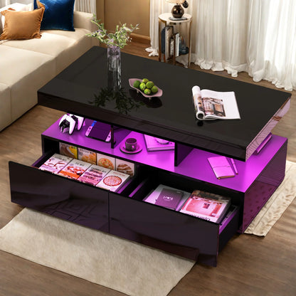 Salontafel – Koffietafel – Woonkamertafel – Bijzettafel – Zwarte Hoogglans Salontafel – LED-Verlichting – 2 Laden – MDF – 140x53x46 cm