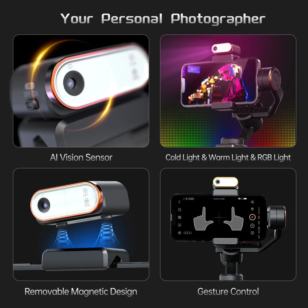 Gimbal Smartphone - Gimbal voor Smartphone & Camera - Handheld spiegelloos - Draadloze afneembare - Handheld Gimbal - Stabilisator Selfie Statief - voor Smartphone - met AI Magnetisch Vullicht - Zwart