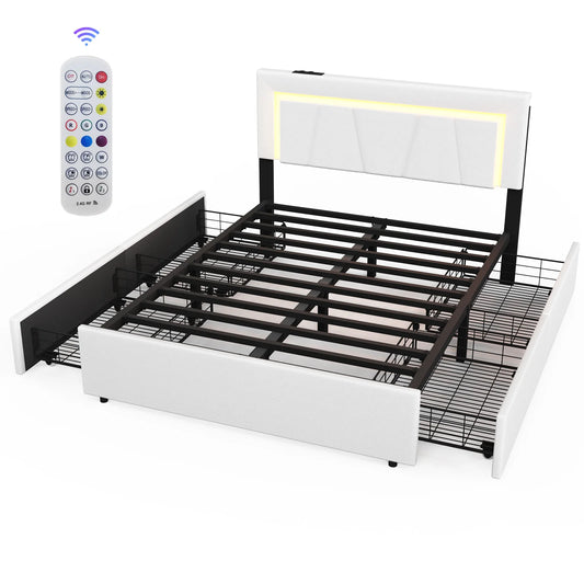 Led Boxspringbed – Gestoffeerd Bed – Opbergruimte Bed – Bedframe Met LED Verlichting – Boxspringbed 140x200 cm – Ingebouwde USB & AC Stopcontacten – Hoogwaardig PU Kunstleer - 90x200cm - Wit - QUORE