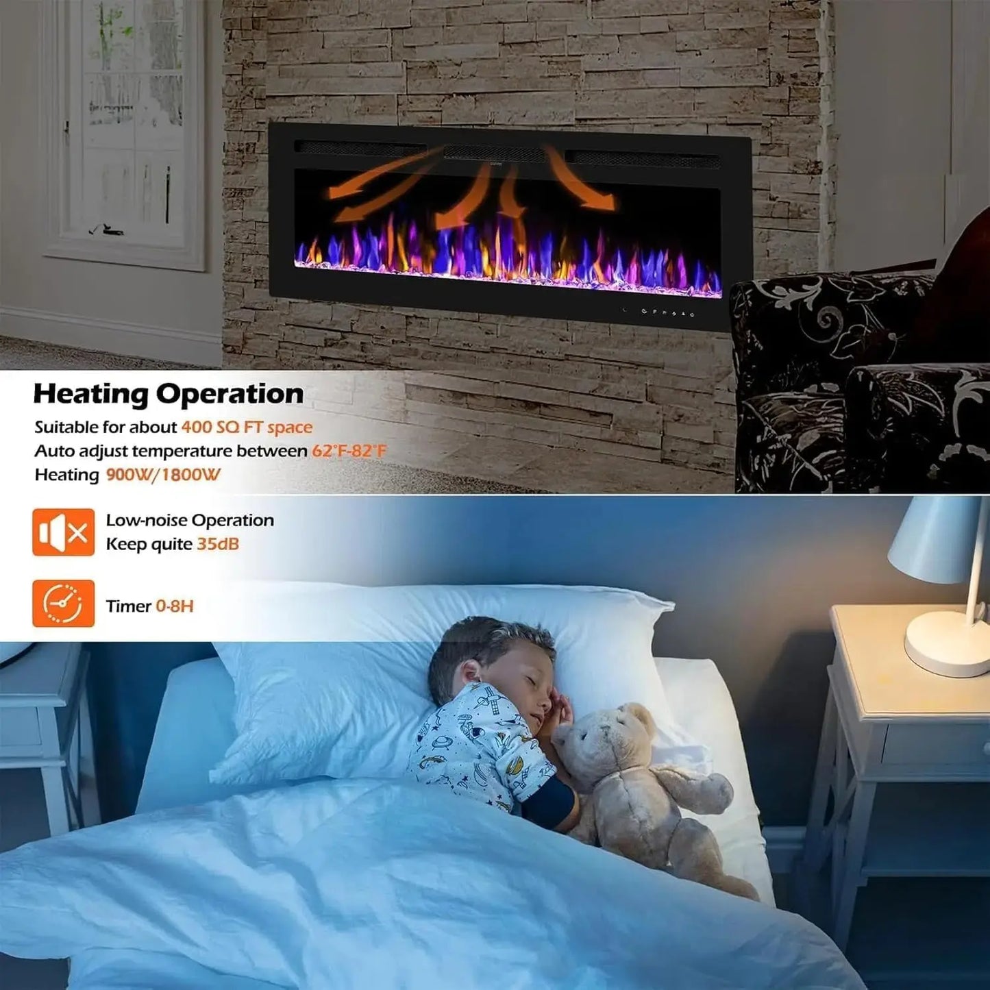 Elektrische Wandhaard – Sfeerkachel – Inbouwhaard – Wandkachel – 3-in-1 Haard – 1800W Verwarming – 12 Kleuren Vlameffecten Met Afstandsbediening - QUORE