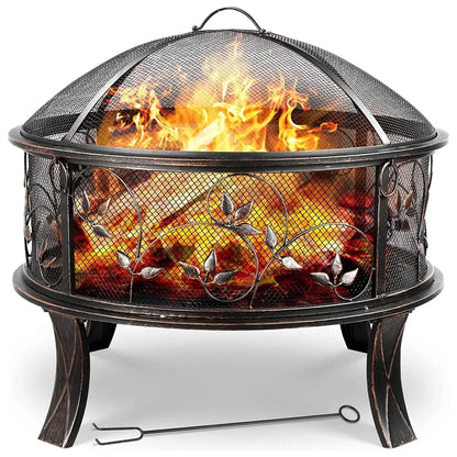 Vuurkorf - Vuurschaal - BBQ Grill - Schaal - met Vonkenscherm – Ø71 cm - Retro Vuurbak met Pook en Houtskoolrooster - Stabiele Buitenhaard voor Verwarming en BBQ Bonfeu - Zwart