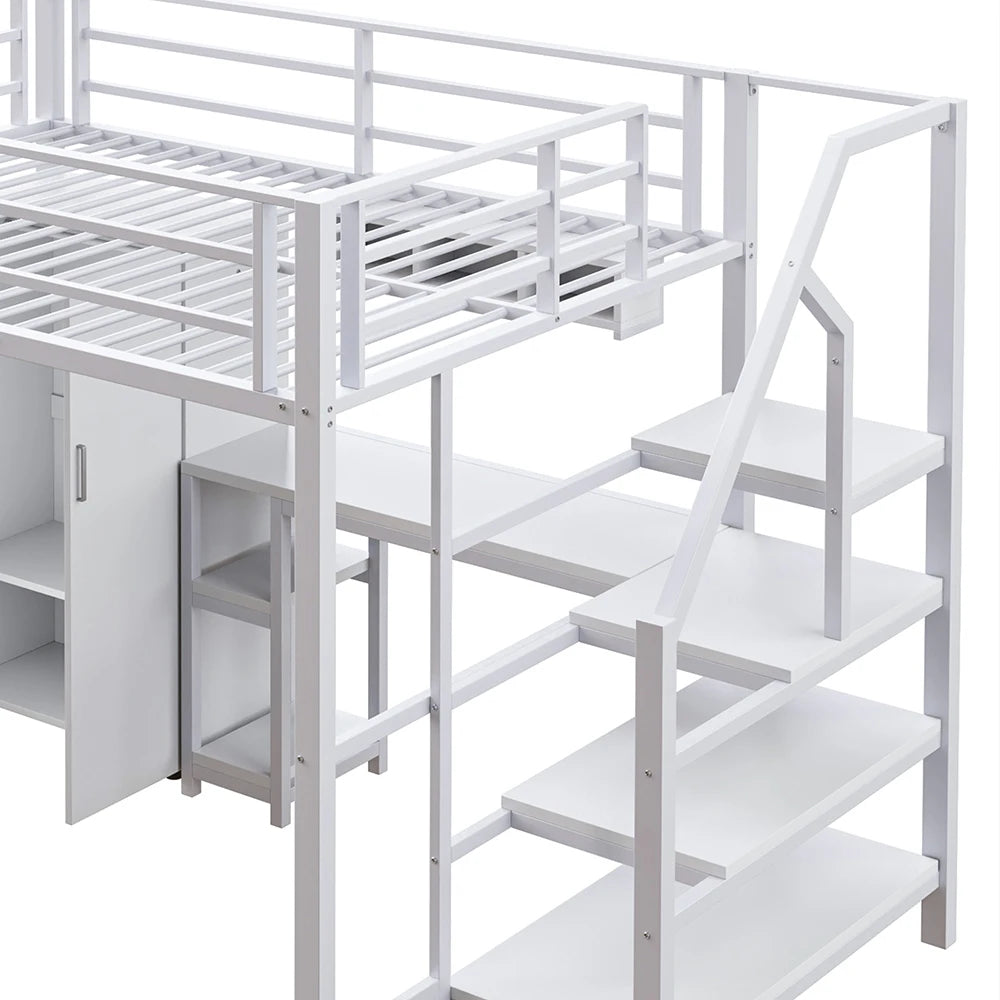 Kinderhoogslaper – Hoogslaper – Stapelbed – Halfhoogslaper – Multifunctioneel Bed – Wit 140x200cm – Met Kast En Bureau – Stevig Ijzeren Frame