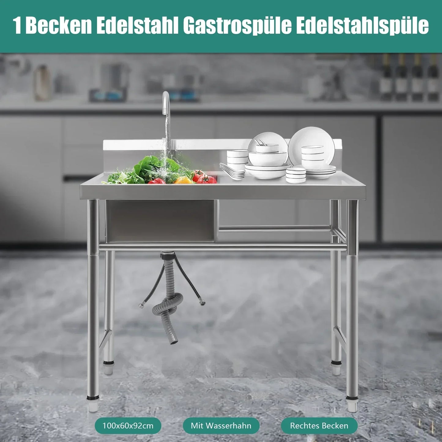 RVS Spoeltafel – Roestvrijstalen Werktafel – Industriële Wasbak – Keukentafel RVS – Vaatsteen RVS – Duurzaam 201 RVS – 360° Draaibare Kraan – Extra Diep Bassin 100x60x93 cm