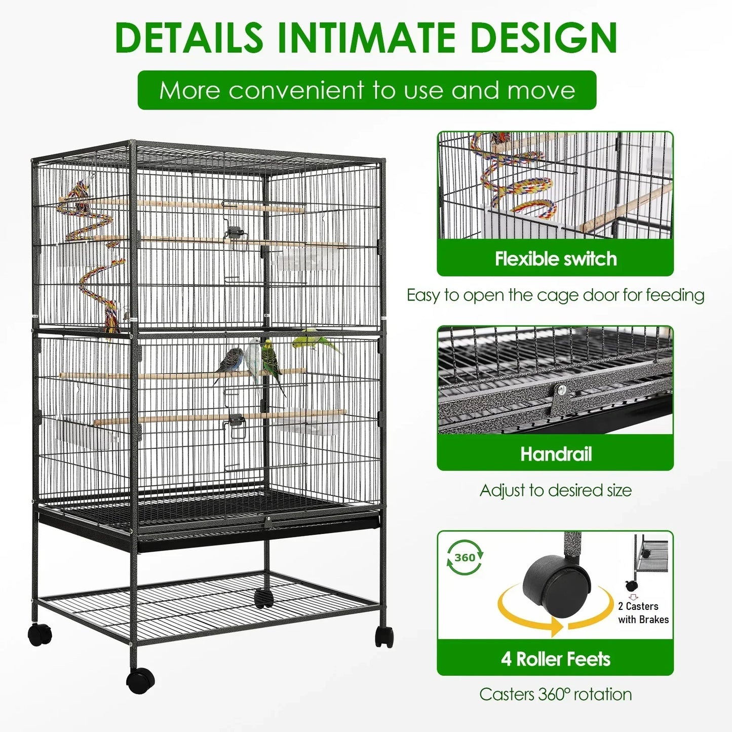 Vogelkooi – Vogelkooi Op Wieltjes – Vogelkkooi Klein – Parkietenkooi – Metalen Kooi – 52x78x132 Cm – 4 Houten Zitstokken