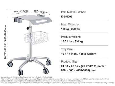 Laboratoriumwagen- Wagen - Kar - Trolley - K-SH003 - 220lbs - Metalen Verrijdbare Kar - voor Laboratoriumkliniek Schoonheid en Salon