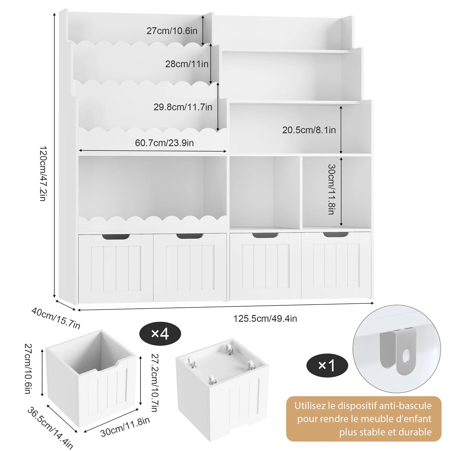 Kinderboekenplank – Speelgoedkast – Opbergmeubel – Boekenkast – Kinderkamermobiel – Wit – Met 4 Lades op Wieltjes – Hoogwaardig Hout – Afmetingen 125,5x40x120 cm