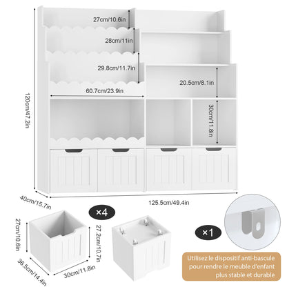 Kinderboekenplank – Speelgoedkast – Opbergmeubel – Boekenkast – Kinderkamermobiel – Wit – Met 4 Lades op Wieltjes – Hoogwaardig Hout – Afmetingen 125,5x40x120 cm