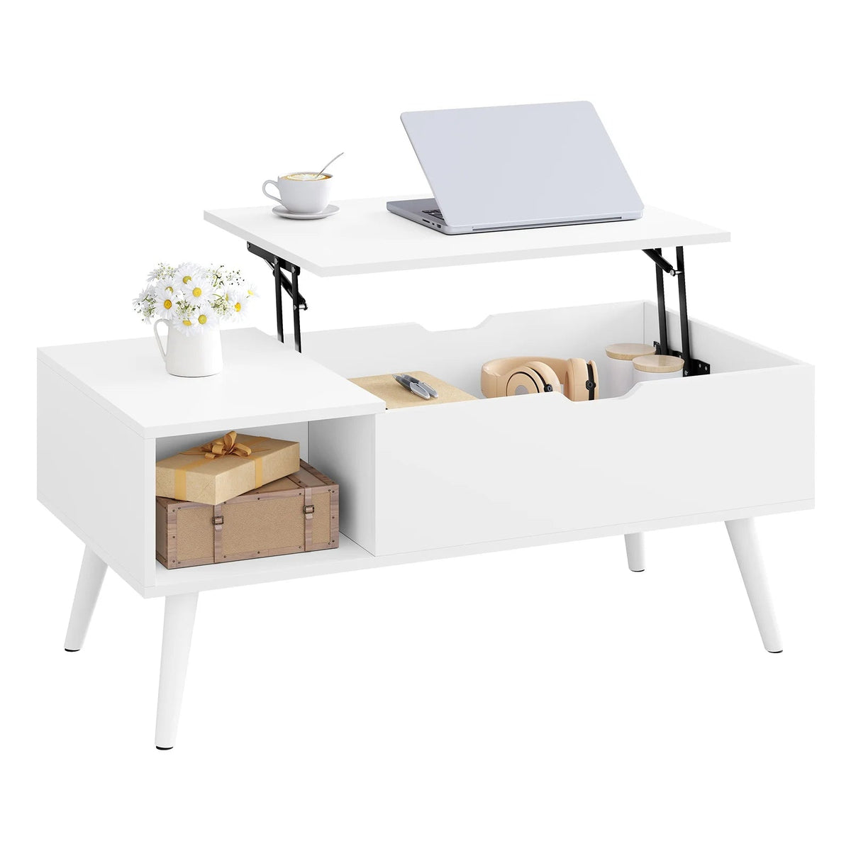 Adjustable Coffee Table - Folding Table with Storage - Modern Coffee Table - Wooden Table with Lifting Board - 100x50x43 cm - White