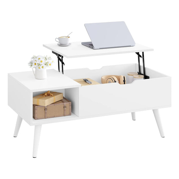 Adjustable Coffee Table - Folding Table with Storage - Modern Coffee Table - Wooden Table with Lifting Board - 100x50x43 cm - White