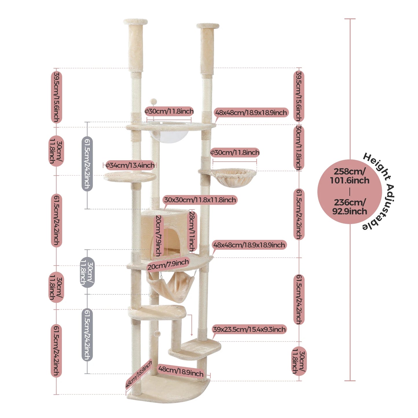 Krabpaal - Kattenkrabpaal - Krabton - Kattenboom - Plafondhoge Krabpalen - Kattenhuis - met klimplatforms, hangmat en sisalpalen - Verstelbare - Beige