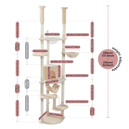 Krabpaal - Kattenkrabpaal - Krabton - Kattenboom - Plafondhoge Krabpalen - Kattenhuis - met klimplatforms, hangmat en sisalpalen - Verstelbare - Beige