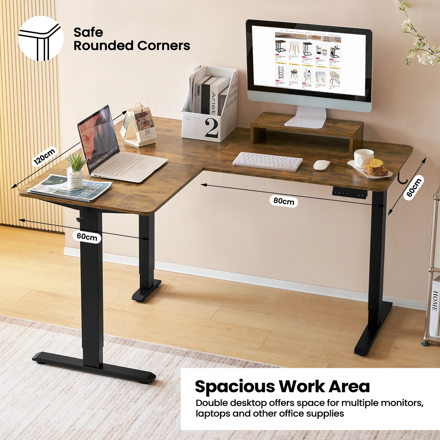 L-vormige Zit-Sta Bureau - Bureau - Computerbureau - Werktafel - Kantoor Tafel - Verstelbaar Hoogte 72-120 cm - Elektrisch - 4 Geheugenstanden - Hoekbureau - Monitorstandaard - en Hoofdtelefoonhaken - Vintage Bruin