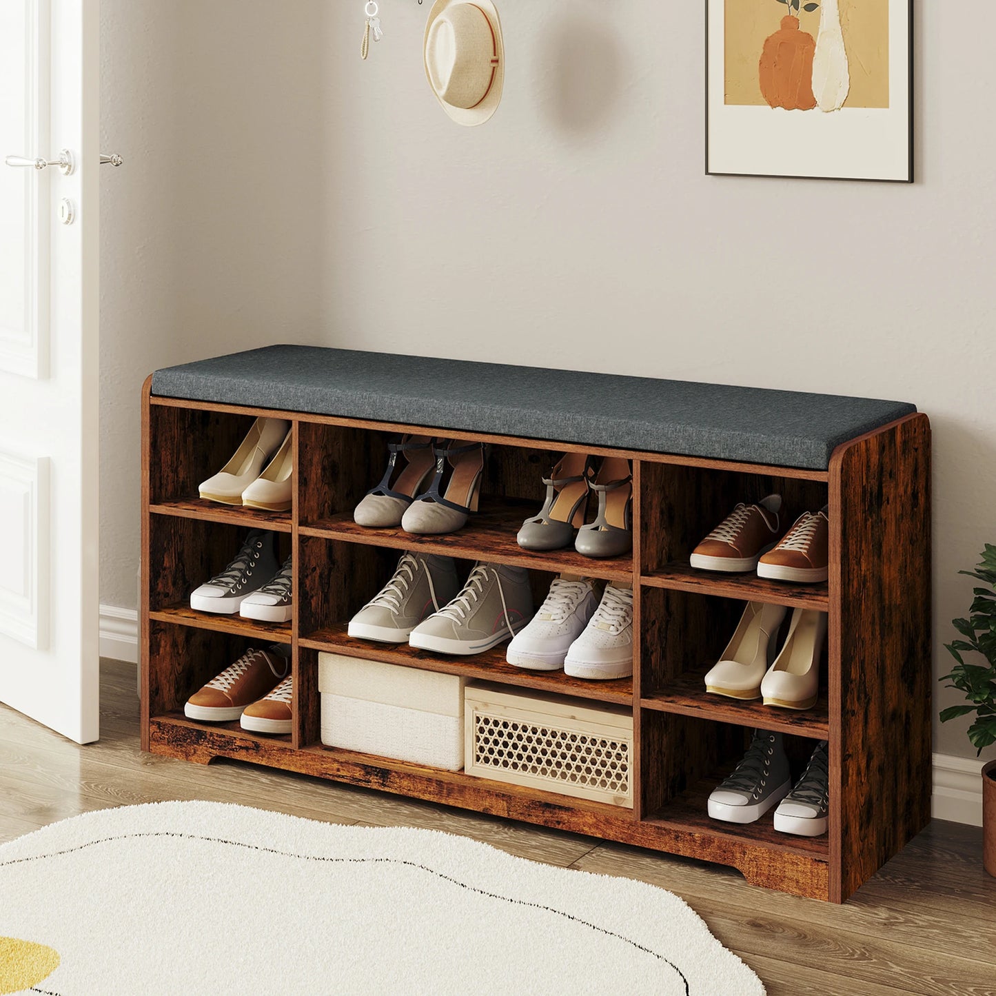 Schoenenbank - met Zitvlak en Opbergkussen - Schoenenrek met 9 Vakken - Verstelbare Planken - Minimalistisch Design - Opbergbank voor Woonkamer - Wit/Grijs - 30 x 103 x 52,7 cm - QUORE