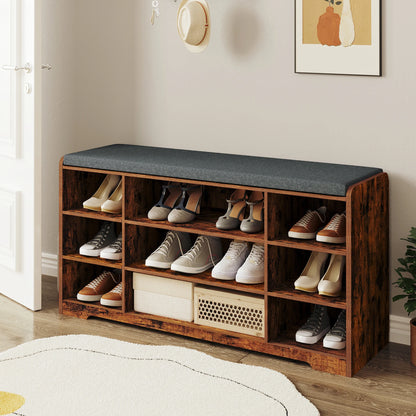 Schoenenbank - met Zitvlak en Opbergkussen - Schoenenrek met 9 Vakken - Verstelbare Planken - Minimalistisch Design - Opbergbank voor Woonkamer - Wit/Grijs - 30 x 103 x 52,7 cm - QUORE