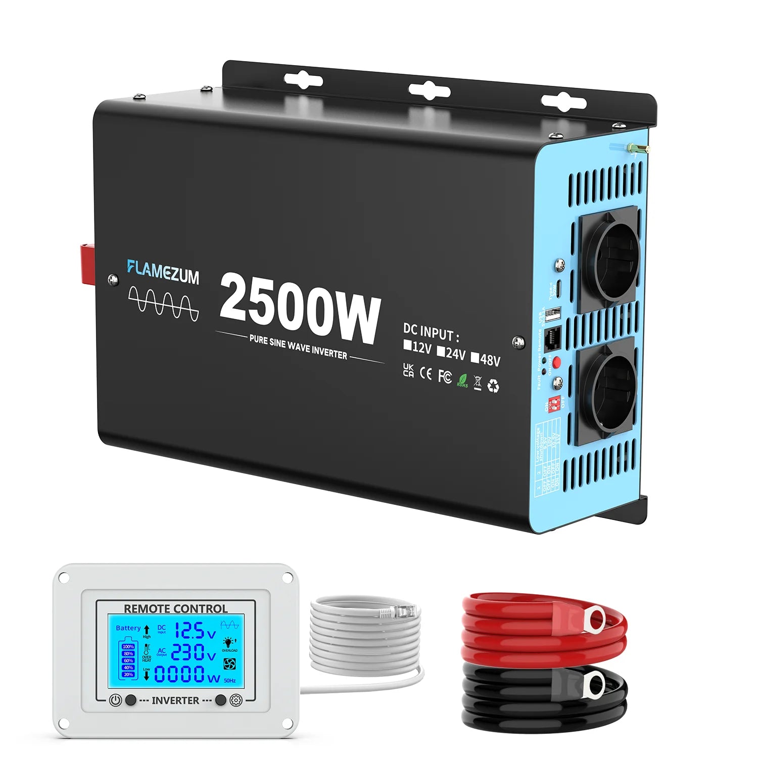 Omvormer – Spanningsomvormer – Inverter – Stroomomvormer – 2500W Vermogen – Pure Sinusgolf – Afstandsbediening – Aluminium Behuizing - QUORE