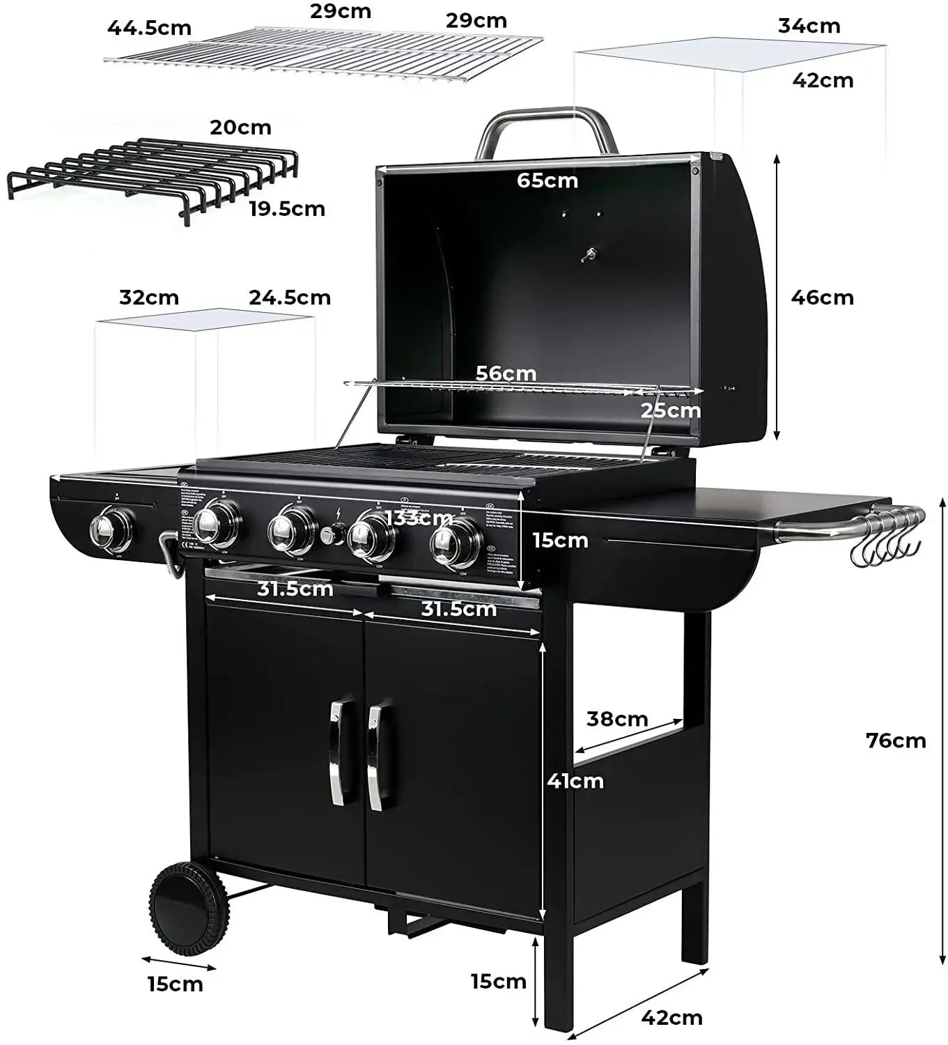 Gasbarbecue – Buitenkeuken Grill – Tuinbarbecue – 4-Pits BBQ – Zijbrander – RVS Branders – Ingebouwde Thermometer - QUORE