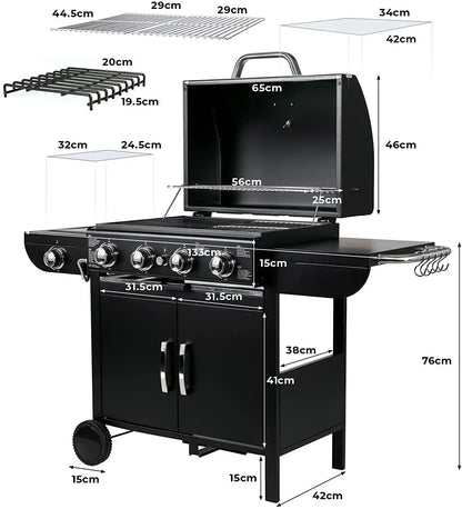 Gasbarbecue – Buitenkeuken Grill – Tuinbarbecue – 4-Pits BBQ – Zijbrander – RVS Branders – Ingebouwde Thermometer - QUORE