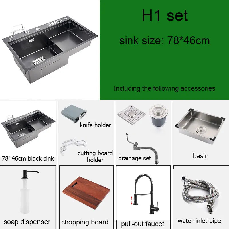 High and low kitchen sink With knife holder Cutting board rack stainless steel pia Matte black sink vegetable washing basin