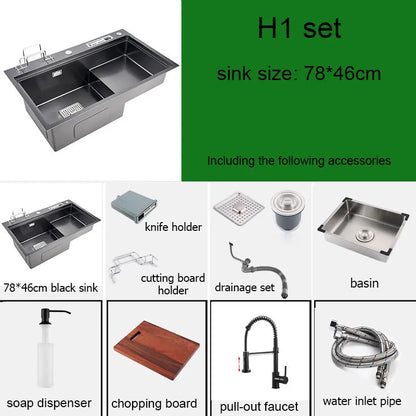 High and low kitchen sink With knife holder Cutting board rack stainless steel pia Matte black sink vegetable washing basin