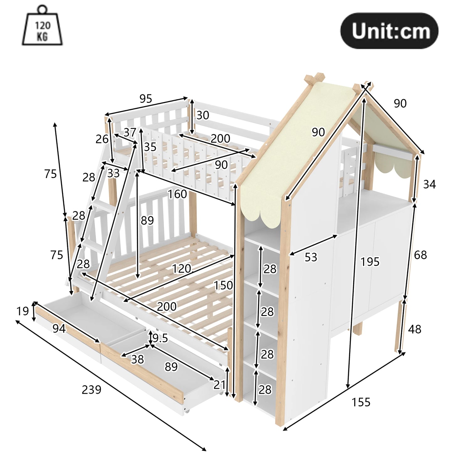 Stapelbed – Hoogslaper – Bedbank – Kinderbed – Twijfelaar – 90x200 cm – Ingebouwd Bureau en Nachtkastje Met Stopcontact & USB – 2 Laden Zonder Matras