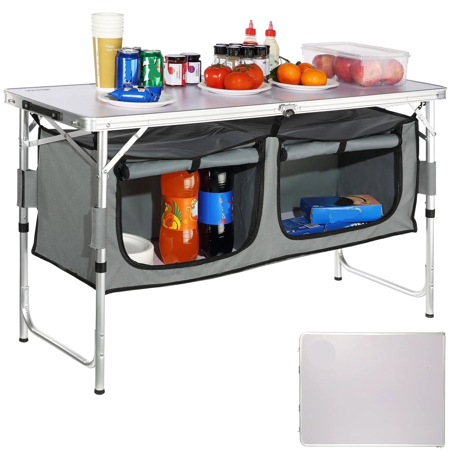 Foldable Camping Kitchen Table - Folding Table - Camping Table Foldable - Outdoor - Quick Set Up - Adjustable Height - Family Party - Lightweight - Space Saving - Silver
