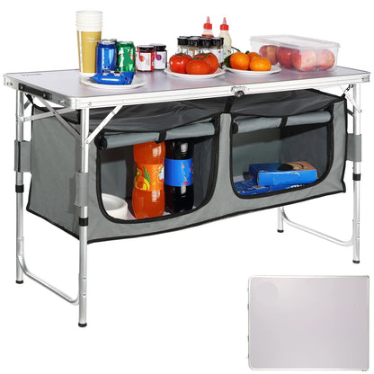Foldable Camping Kitchen Table - Folding Table - Camping Table Foldable - Outdoor - Quick Set Up - Adjustable Height - Family Party - Lightweight - Space Saving - Silver