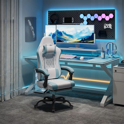 Gaming Stoel - Massage Gaming Stoel - Bureaustoel - Swivel Stoel - met Voetsteun - Hoofdsteun - Verstelbare - Rugleuning - Lendenkussen - Ergonomische - Draaibare - 70 x 70 x 127 cm - Wit & Blauw