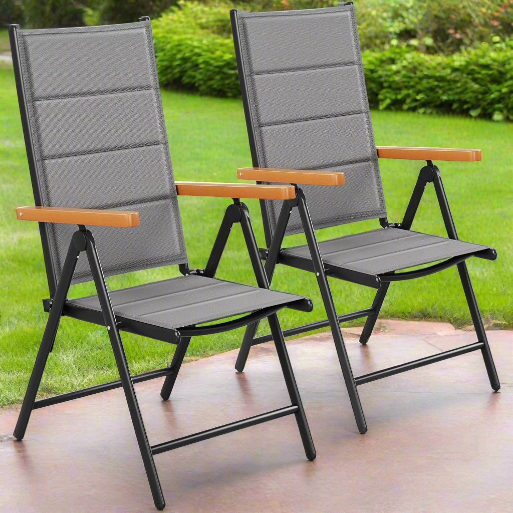 Tuinstoel Set – Tuinstoelen – Balkonstoel – Vouwstoel – Klapstoel – 7-Instelbare Rugleuning – Lichtgewicht Aluminium Frame - Grijs Teakhouten Armleuning - QUORE