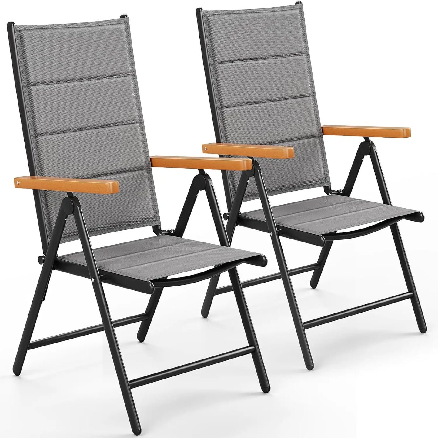 Tuinstoel Set – Tuinstoelen – Balkonstoel – Vouwstoel – Klapstoel – 7-Instelbare Rugleuning – Lichtgewicht Aluminium Frame - Grijs Teakhouten Armleuning - QUORE