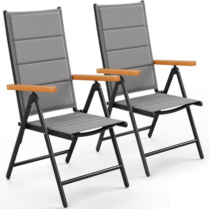 Tuinstoel Set – Tuinstoelen – Balkonstoel – Vouwstoel – Klapstoel – 7-Instelbare Rugleuning – Lichtgewicht Aluminium Frame - Grijs Teakhouten Armleuning - QUORE