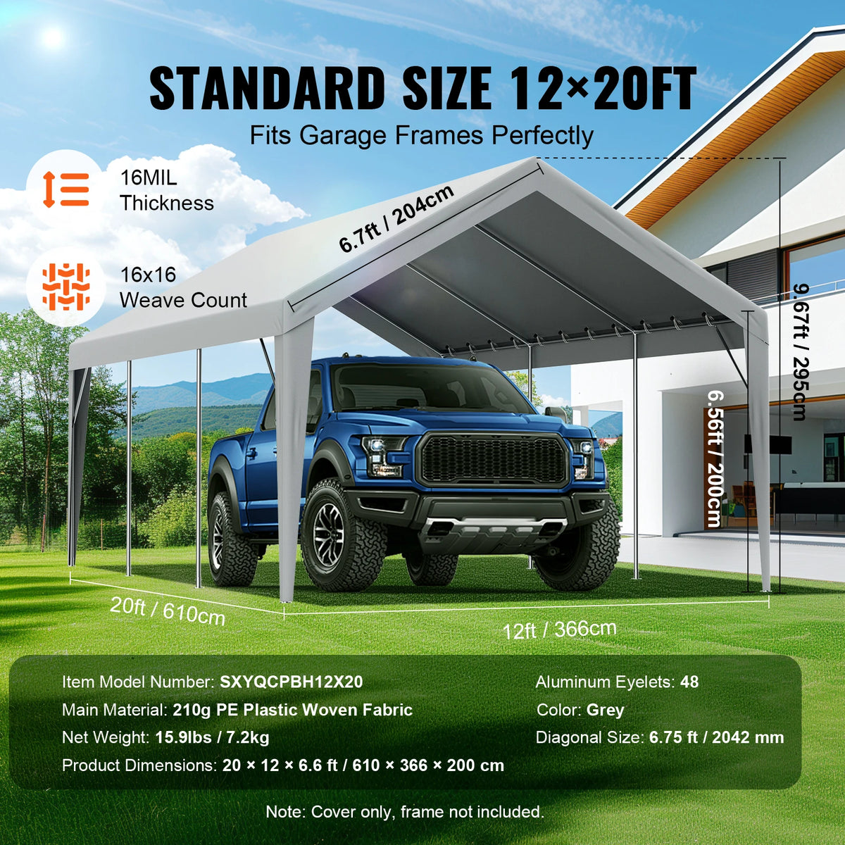 Tent - Carport Replacement Canopy Cover - Garage Top Tent - Shelter Tarp - Heavy-Duty - 10x20ft - Waterdicht & UV-beschermd - Frame Niet Inbegrepen - Wit - QUORE