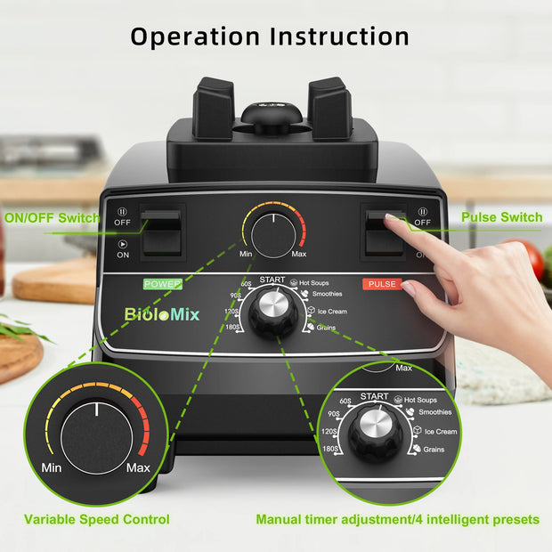 BioloMix 2200W Professional Smart Timer Pre-programmed Blender, 2L round jar, Mixer Juicer Food Processor Ice Smoothies Crusher